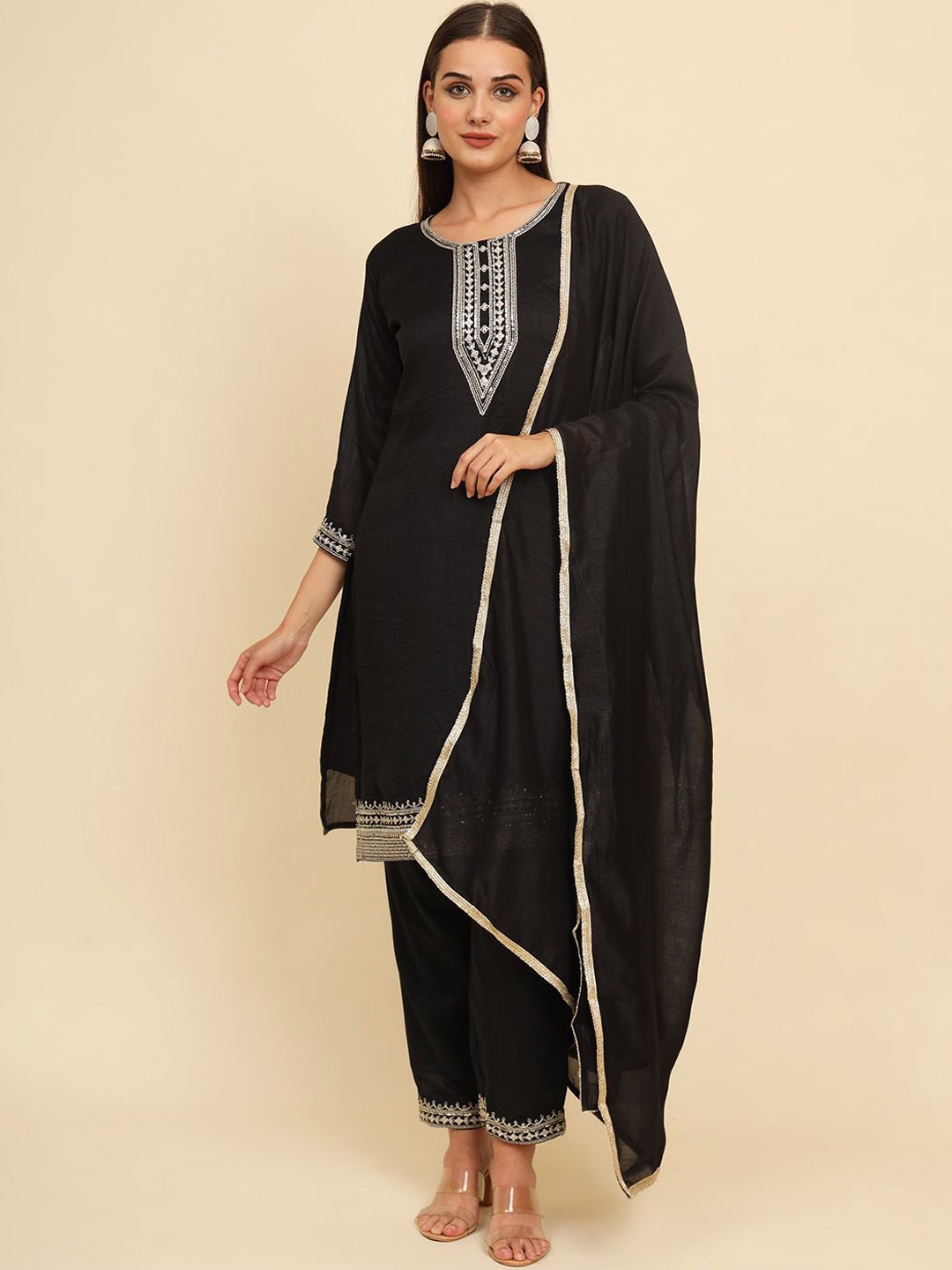 

HERE&NOW Megha2 Floral Yoke Design Straight Thread Work Kurta with Trouser & Dupatta, Black