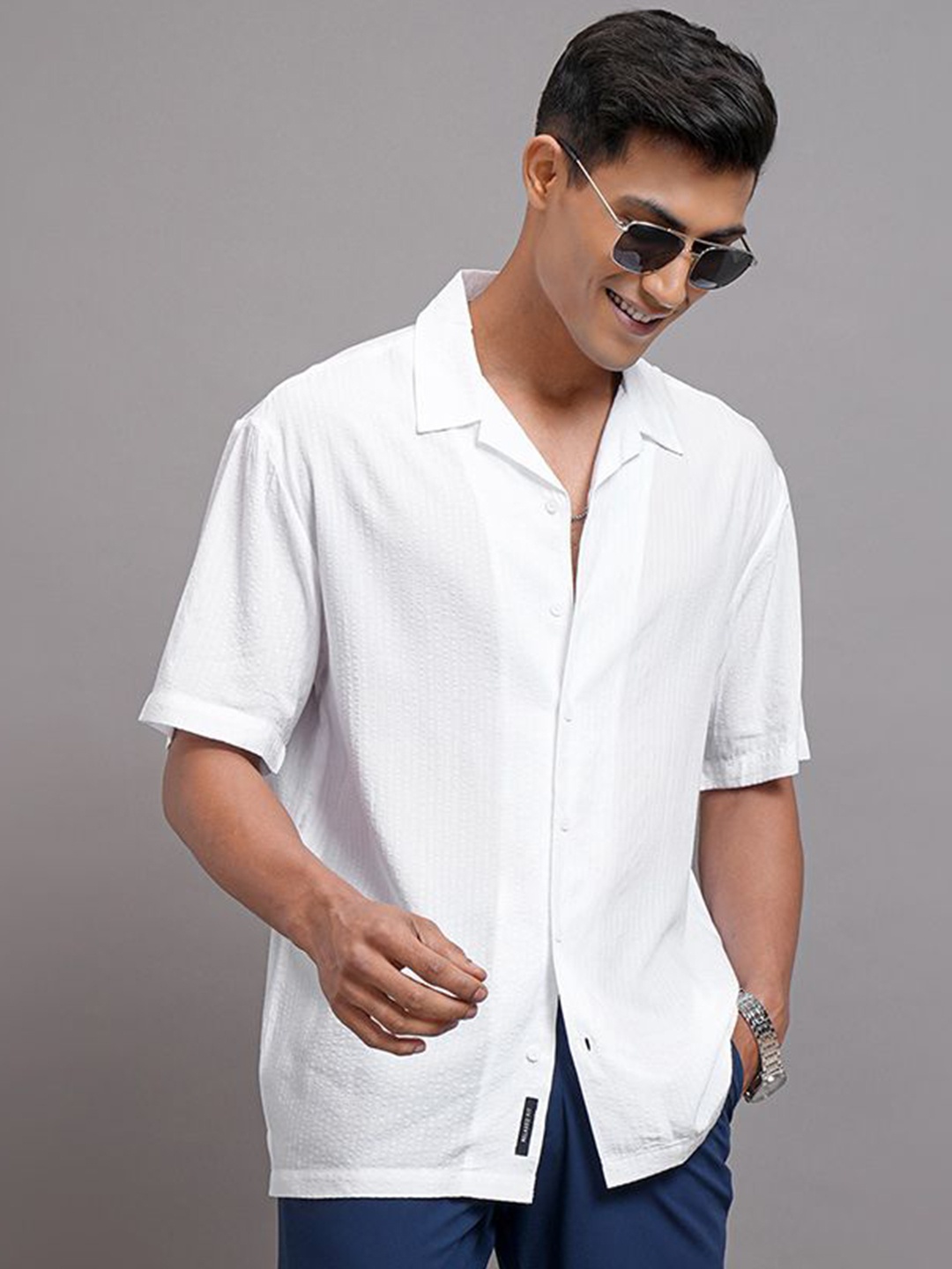 

LOCOMOTIVE Men Cuban Collar Textured Solid Cotton Relaxed Fit Casual Shirt, White