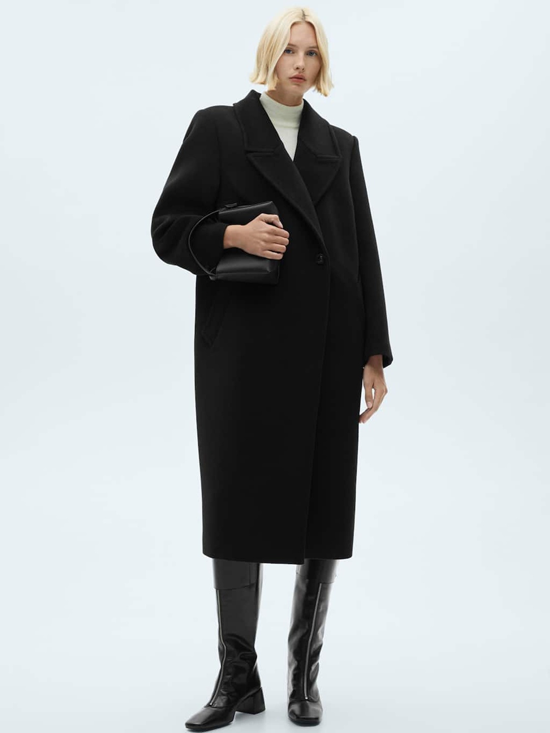 

MANGO Lapel Collar Longline Overcoat, Black