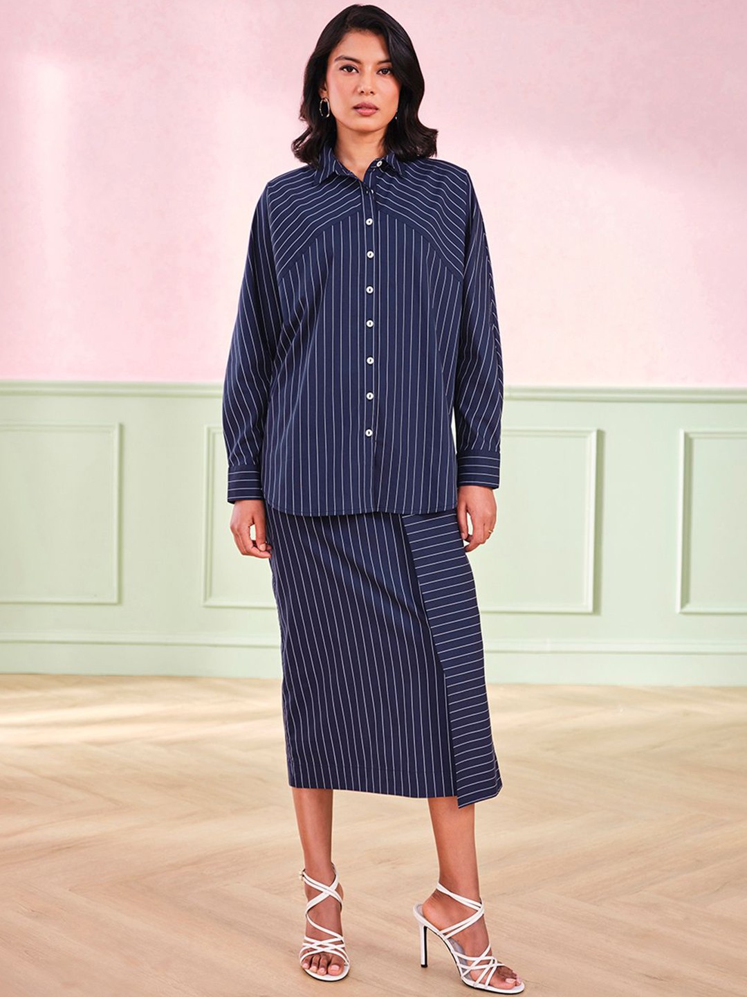 

AND Striped Shirt With Skirt, Navy blue