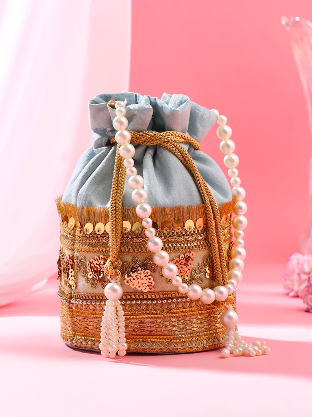 

Yellow Chimes Embroidered Embellished Beaded Wristlet Potli Bag, Blue