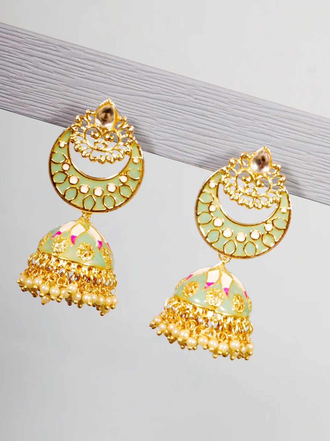 

Jazz and Sizzle Gold Plated Stone Studded & Beaded Crescent Shaped Jhumkas