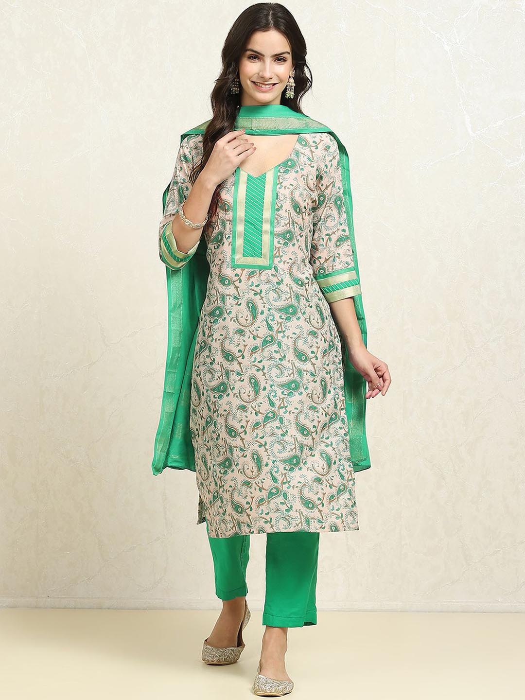 

Biba Paisley Printed Pure Cotton Unstitched Dress Material, Green