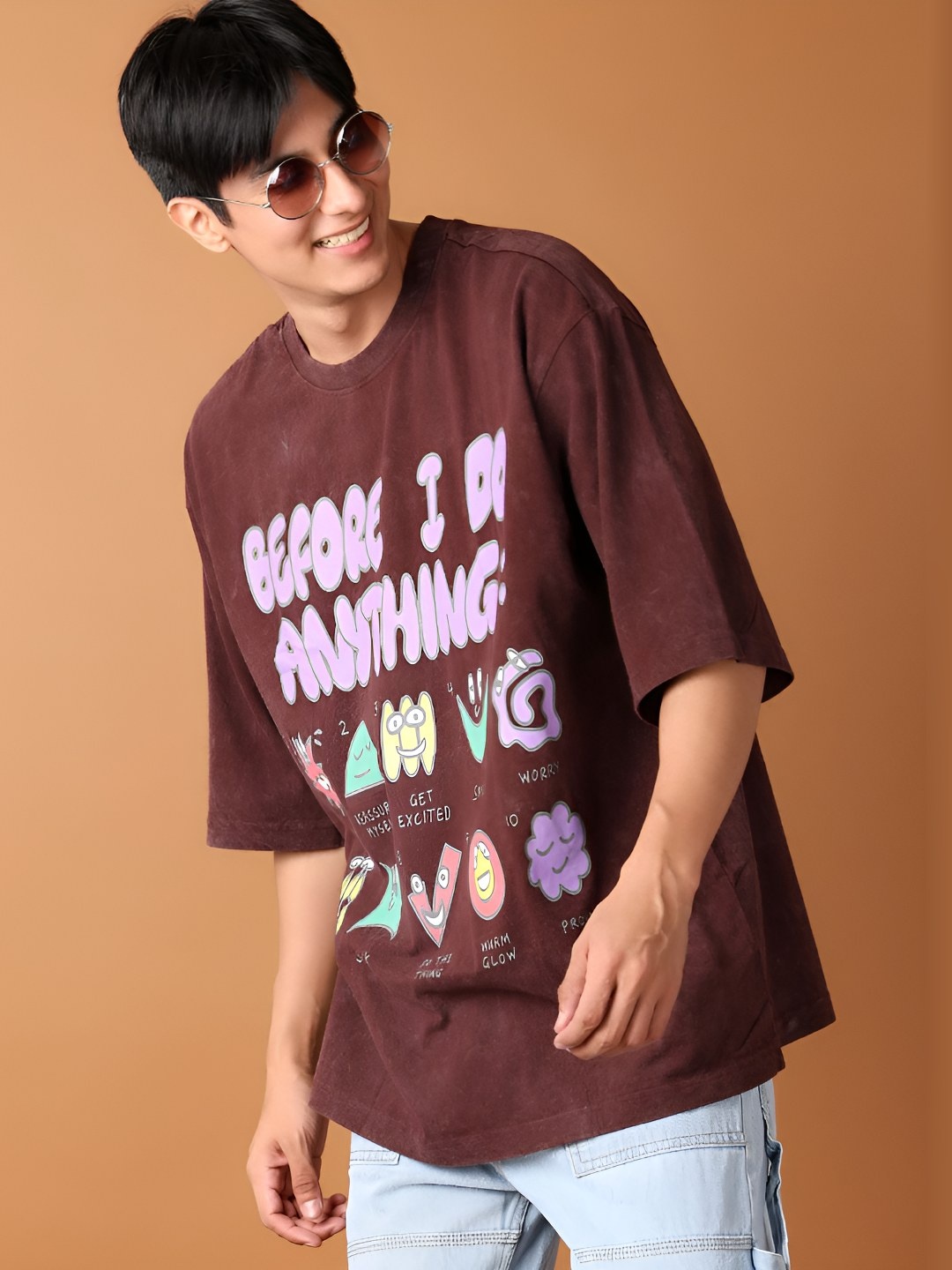 

V-Mart Men Typography Printed Round Neck Cotton Oversized T-shirt, Brown
