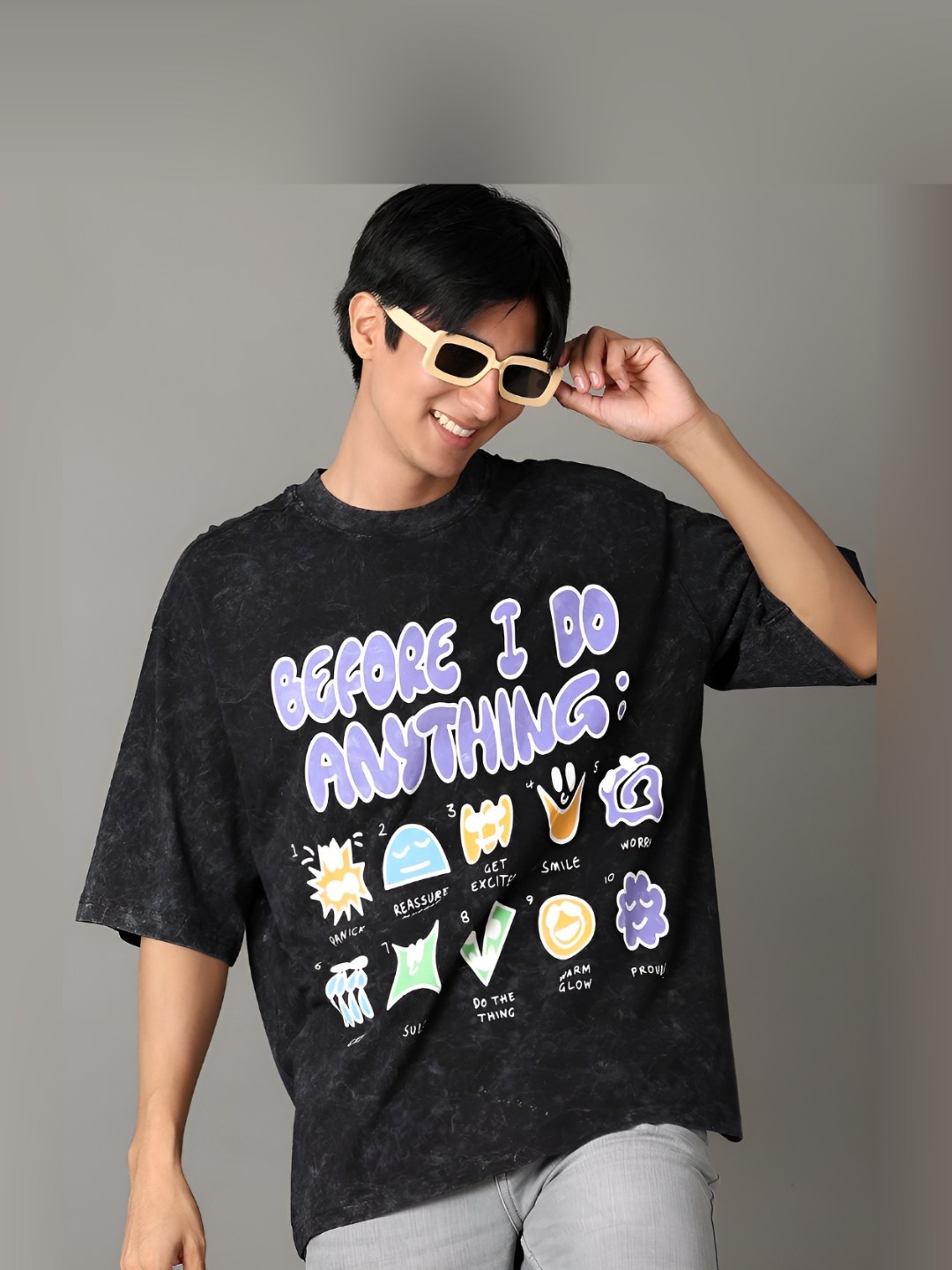 

V-Mart Men Typography Printed Round Neck Cotton Oversized T-shirt, Black