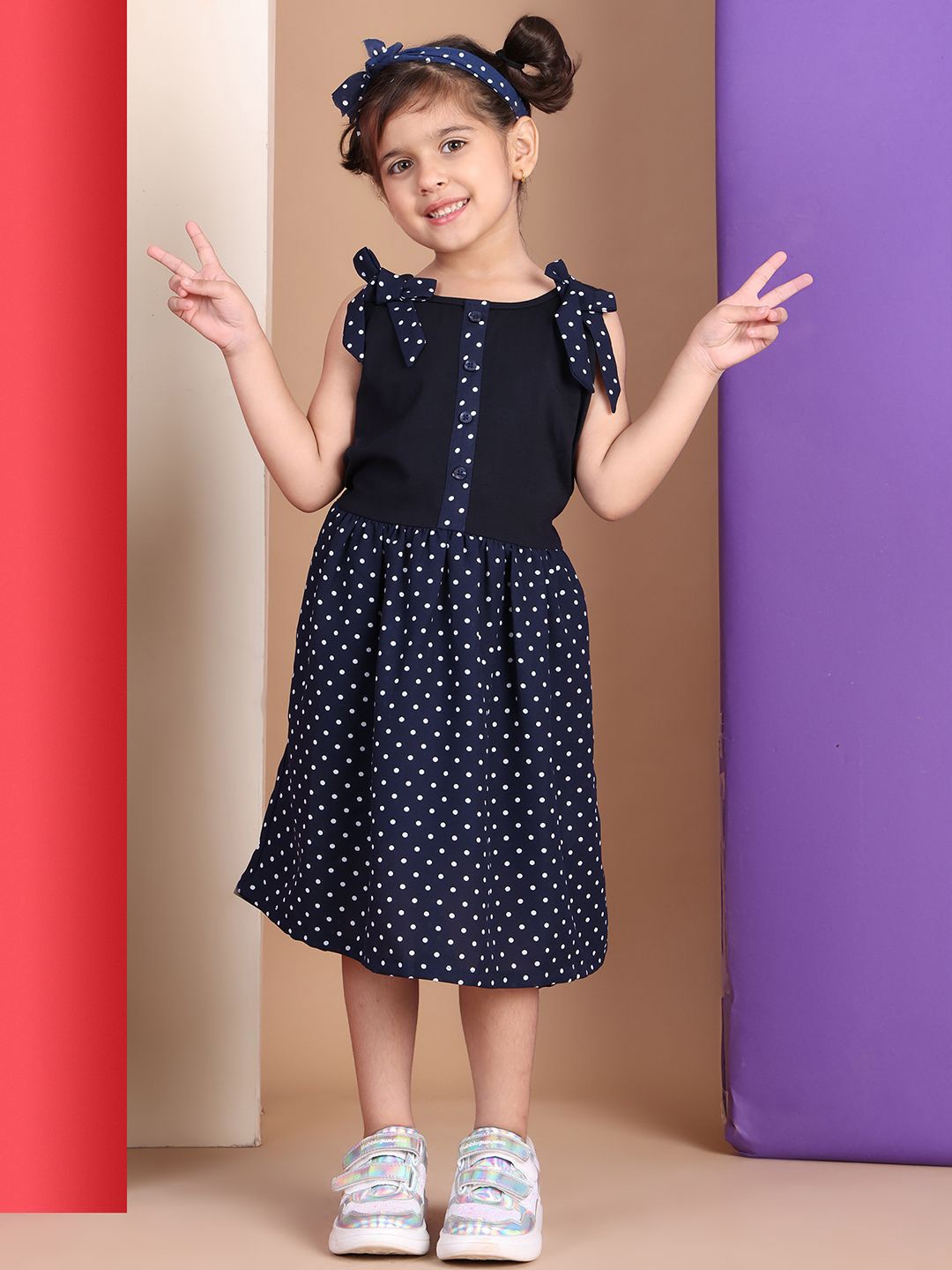 

Baawri Girls Polka Dot Print Fit & Flare Dress, Navy blue