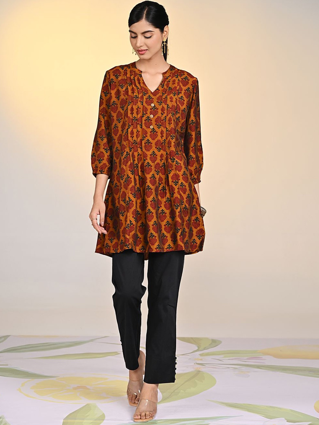 

Lakshita Women Floral Printed Mandarin Collar Kurti, Mustard