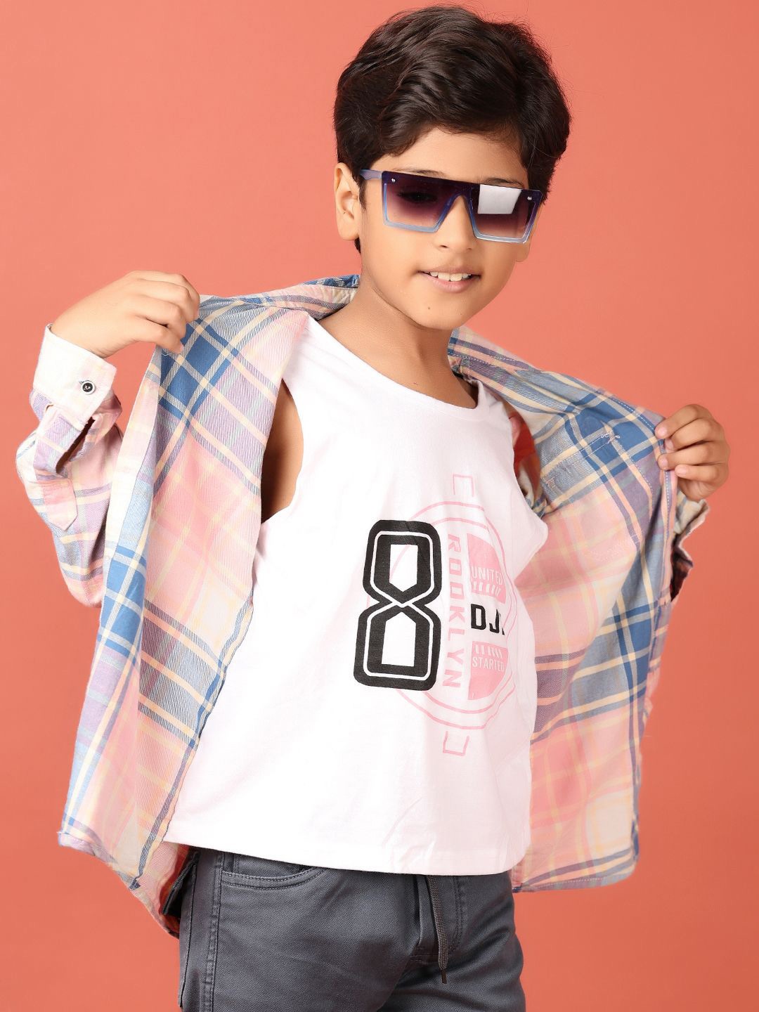

V-Mart Boys Hood Tartan Checked Cotton Casual Shirt, Peach
