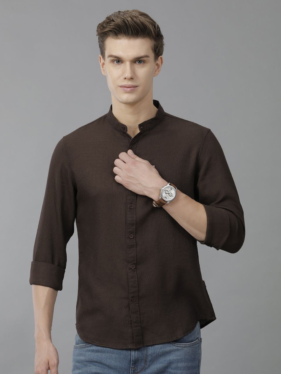 

IDENTITI Men Band Collar Solid Cotton Slim Fit Casual Shirt, Brown