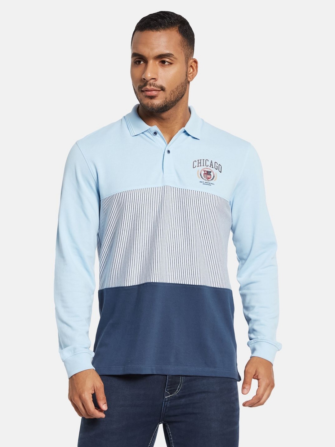 

METTLE Men Colourblocked Polo Collar Cotton T-shirt, Blue