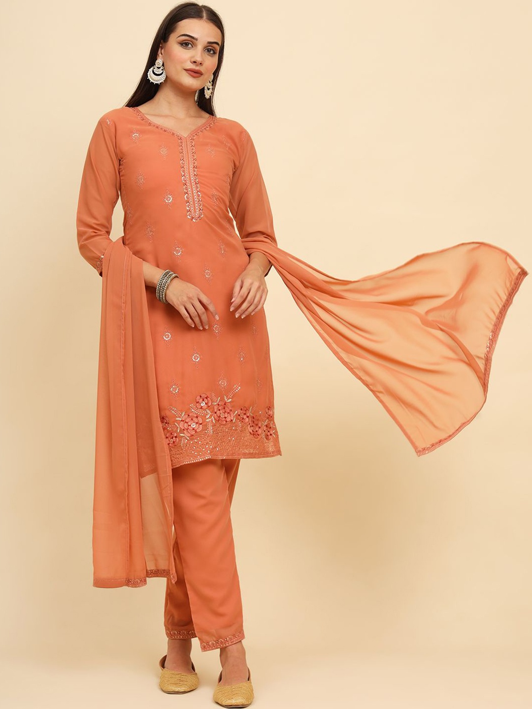 

HERE&NOW Orange-Coloured Floral Embroidered Straight Kurta With Palazzos & Dupatta