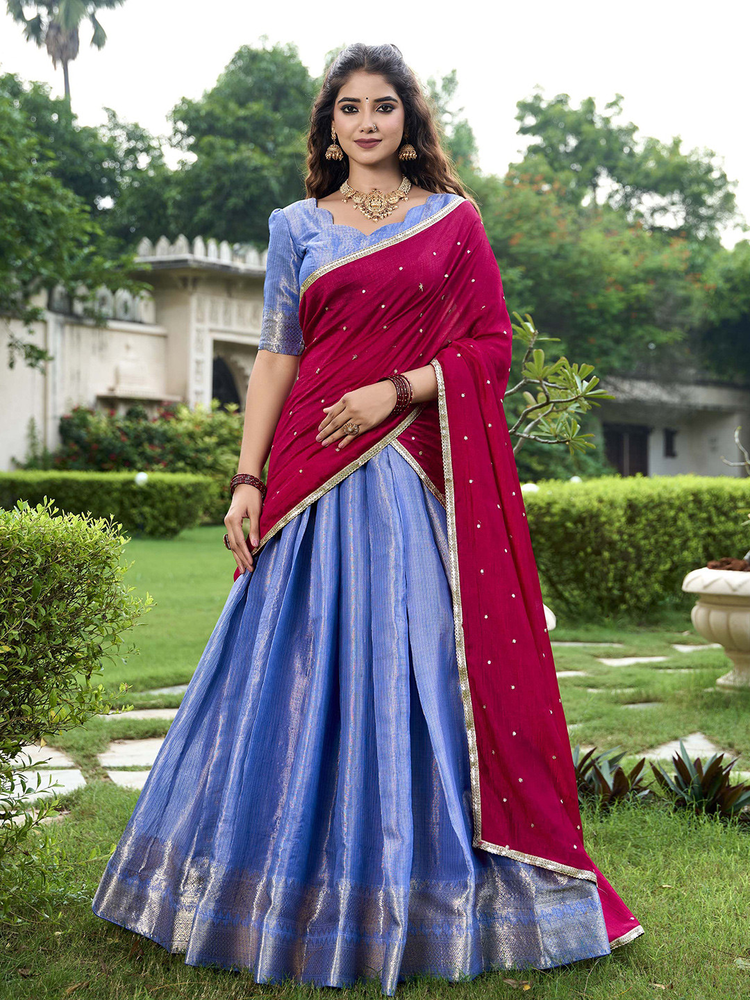 

LOOKNBOOK ART Ready to Wear Lehenga & Unstitched Blouse With Dupatta, Red
