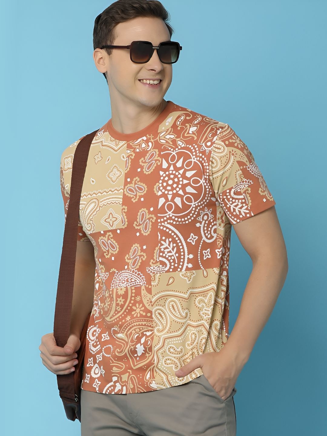 

V-Mart Men Abstract Printed Round Neck Cotton T-shirt, Beige