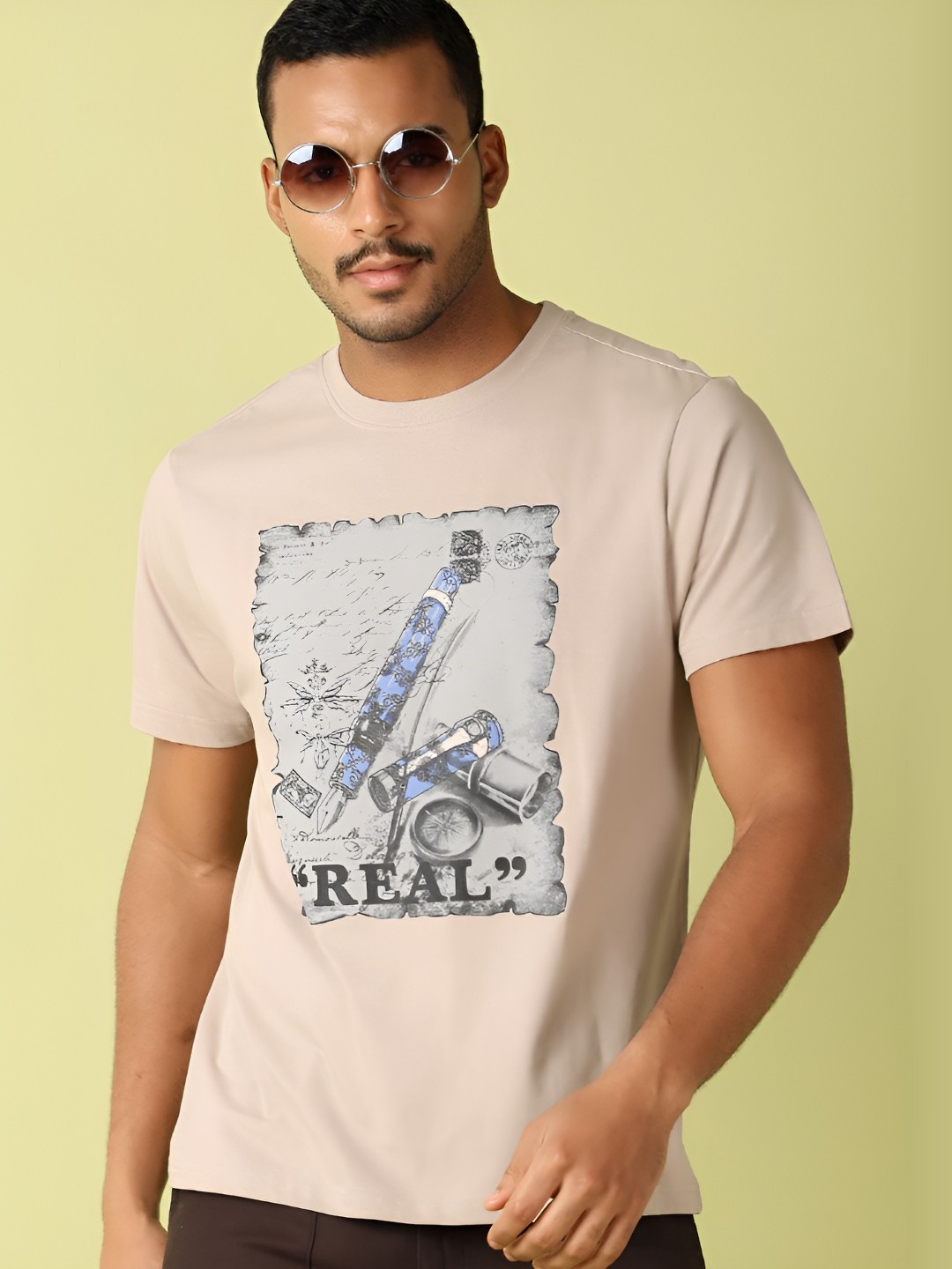 

V-Mart Men Graphic Printed Round Neck Cotton T-shirt, Beige