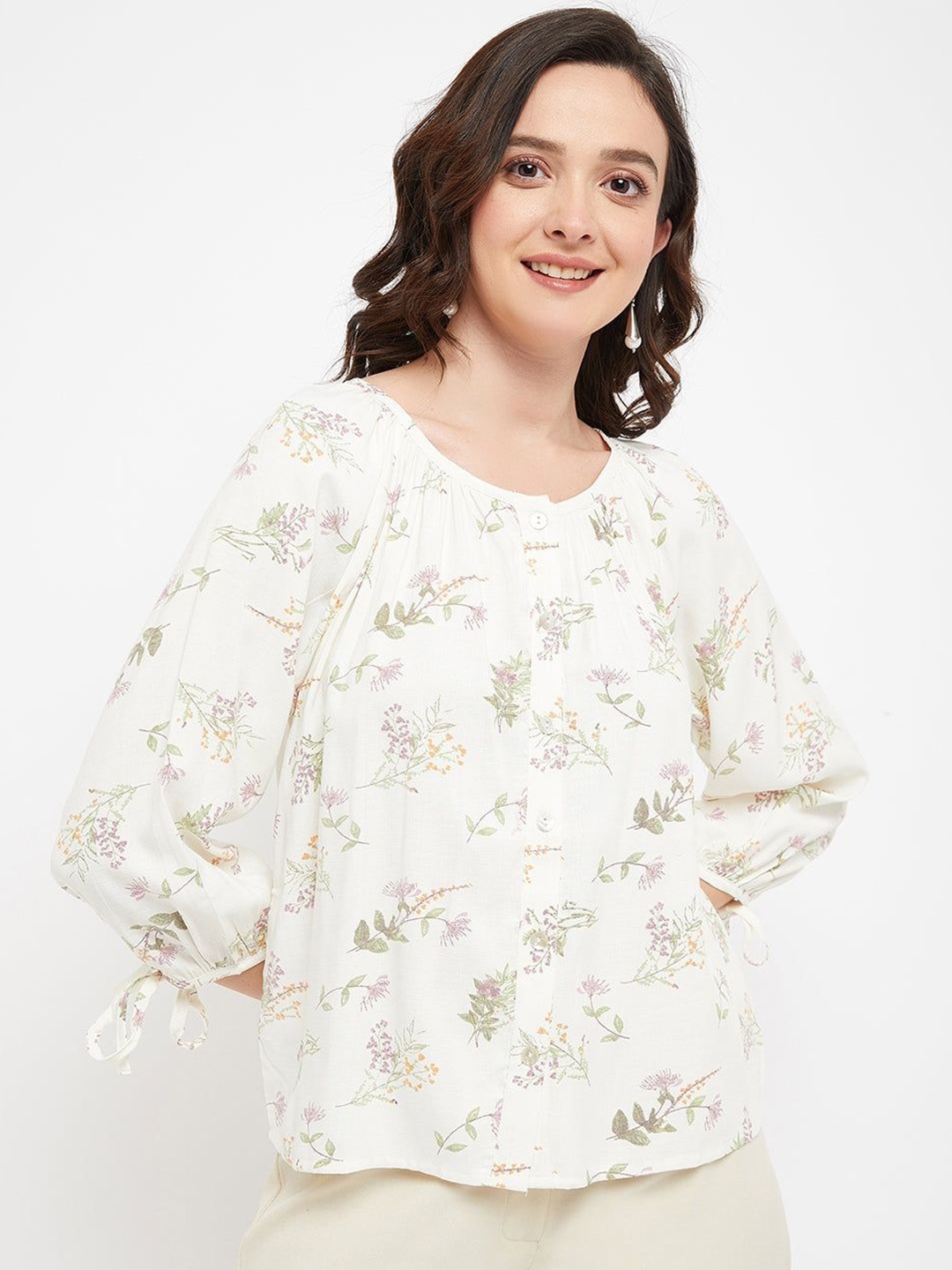 

Madame Women Off White Round Neck Puff Sleeves Floral Print Flared Sleeve Top