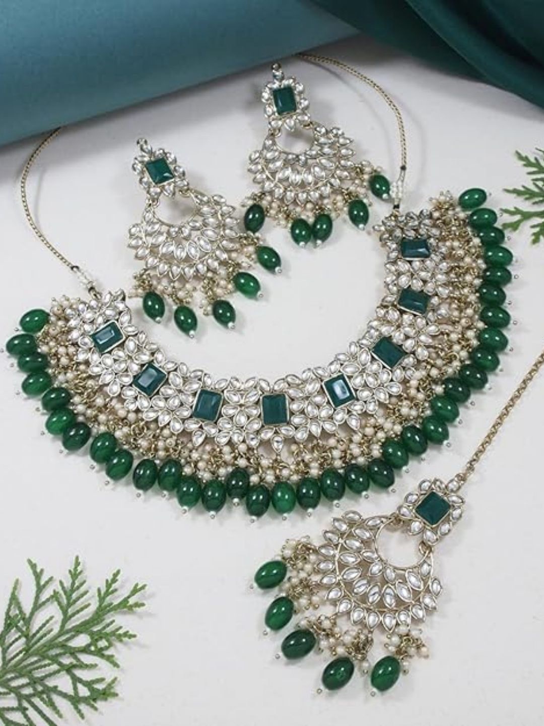 

I Jewels Gold Plated Kundan Studded & Beaded Necklace & Earrings With Maang Tika