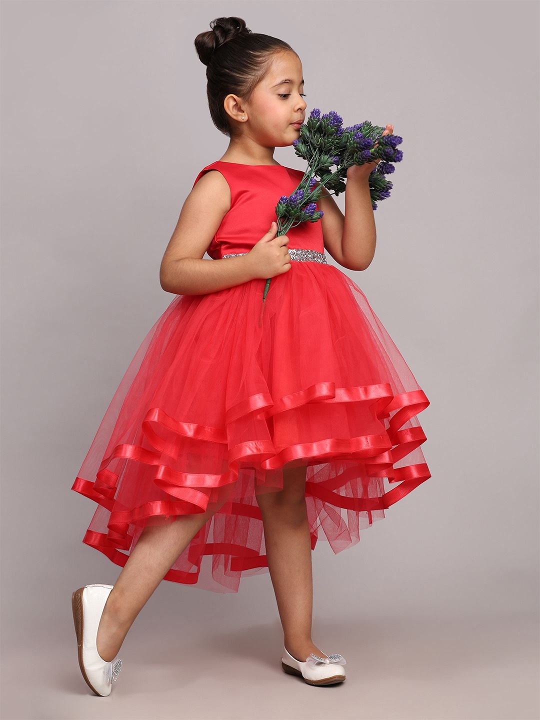 

Toy Balloon kids Girls Net Round Neck High-Low Hemline Fit & Flare Dress, Coral
