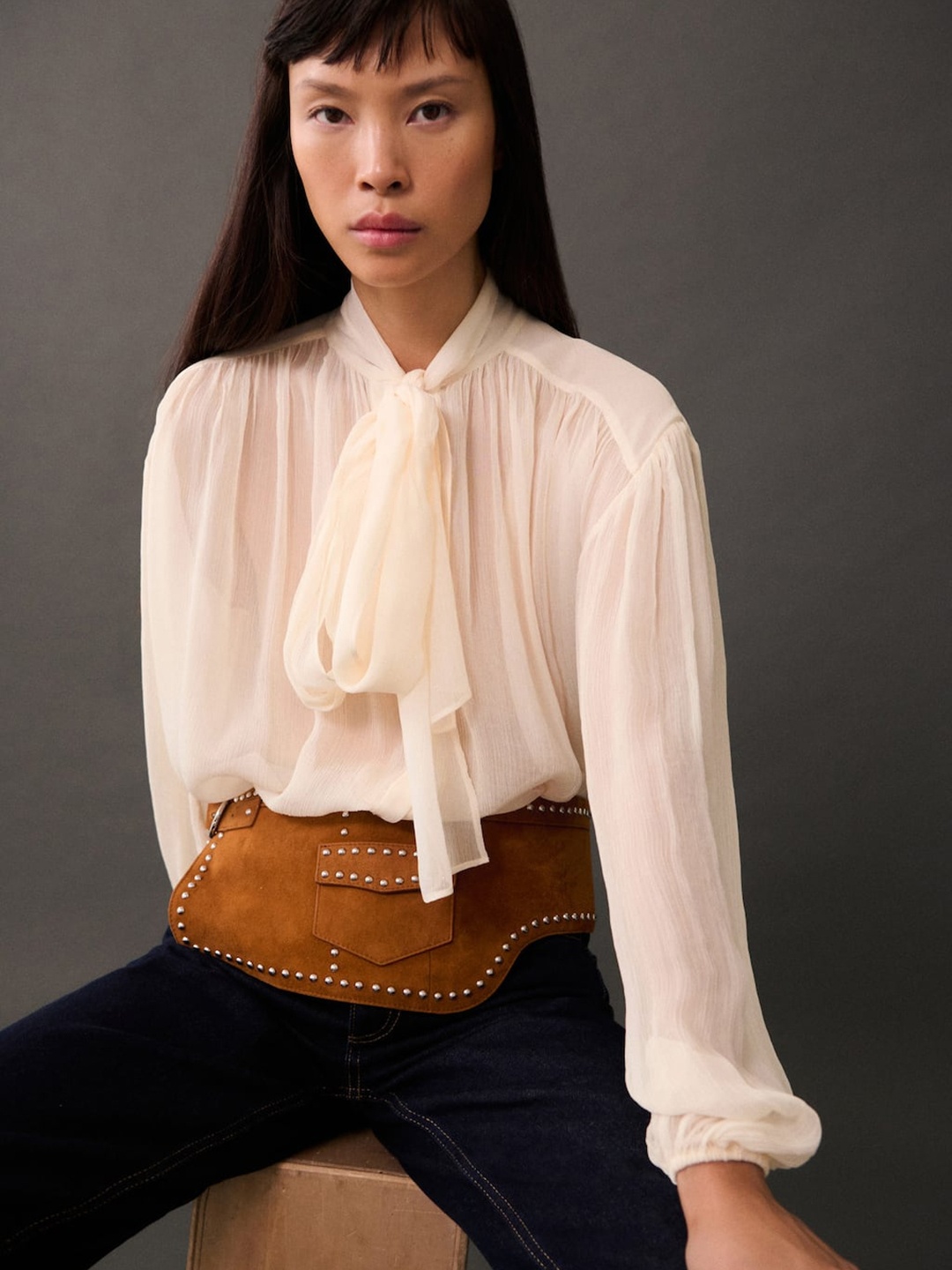 

MANGO Tie-Up Neck Shirt Style Top, Cream