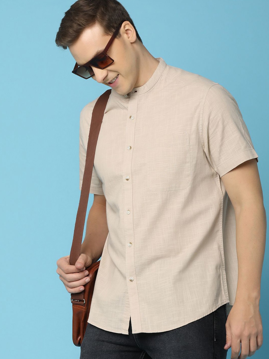 

V-Mart Men Band Collar Solid Cotton Casual Shirt, Cream
