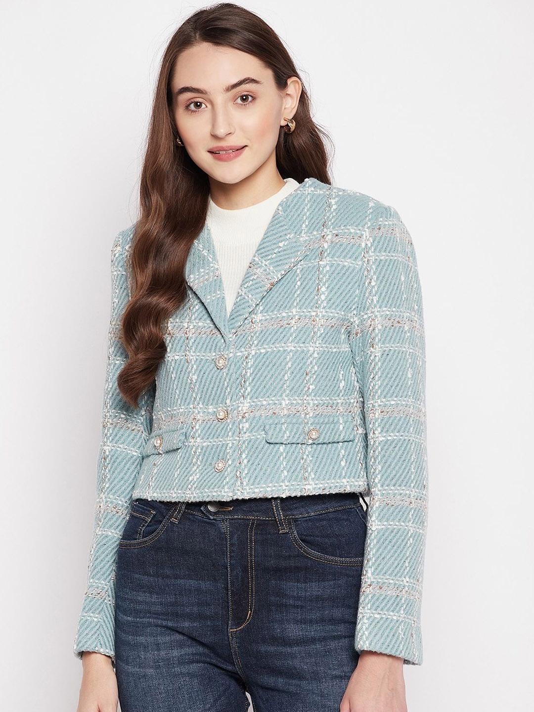 

Madame Checked Single Breasted Cropped Blazer, Blue