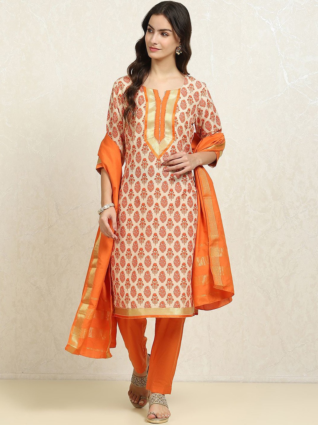 

Biba Ethnic Motifs Pure Cotton Unstitched Dress Material, Orange