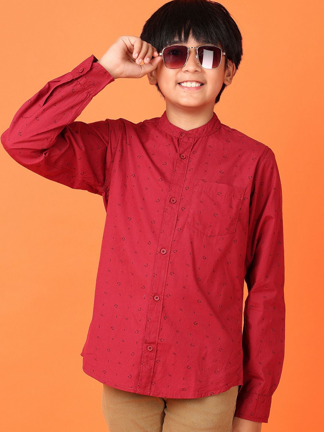 

V-Mart Boys Band Collar Micro Ditsy Printed Cotton Casual Shirt, Maroon