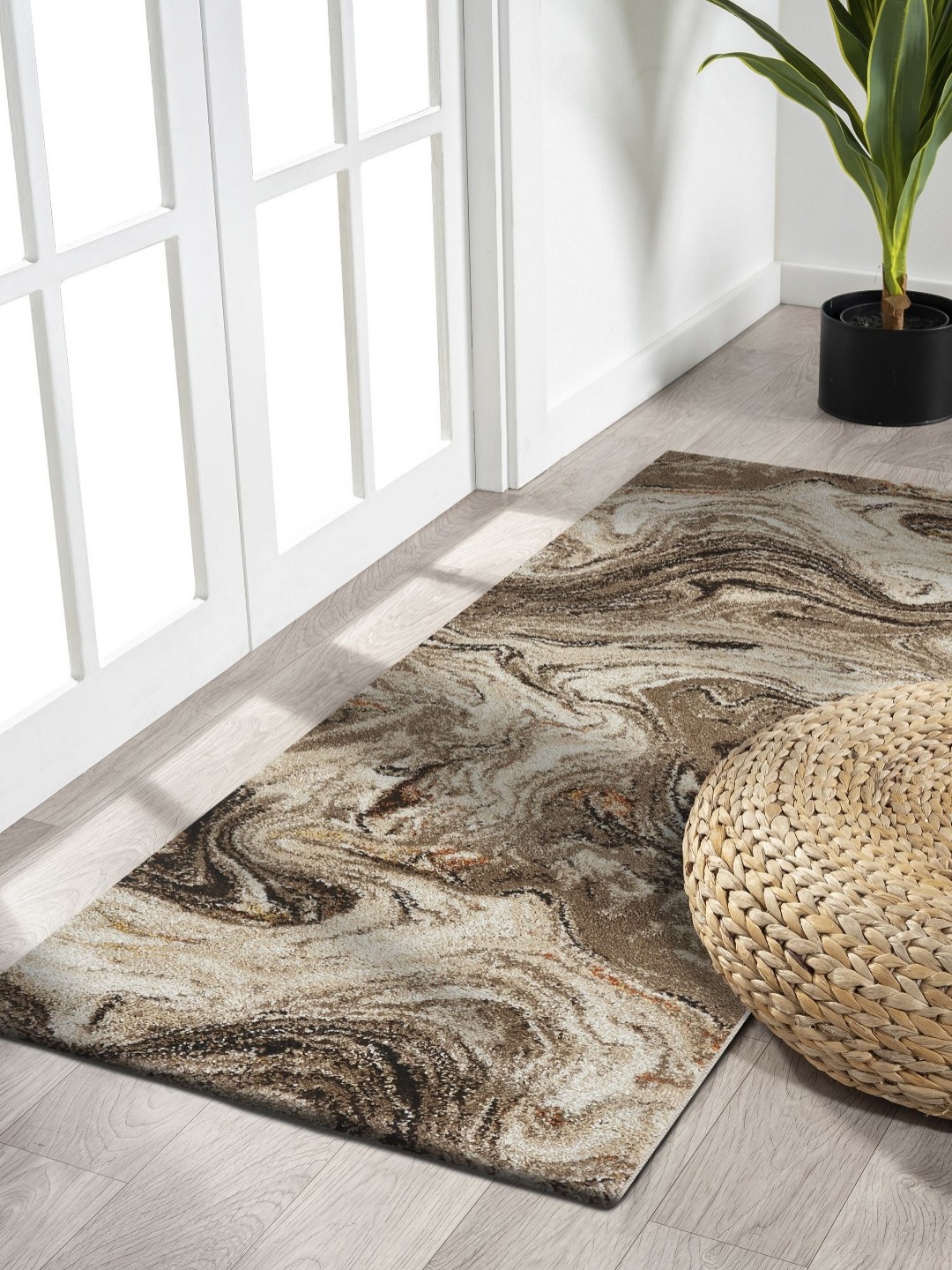 

OBSESSIONS Brown & White Abstract Printed Anti-Static Floor Runner