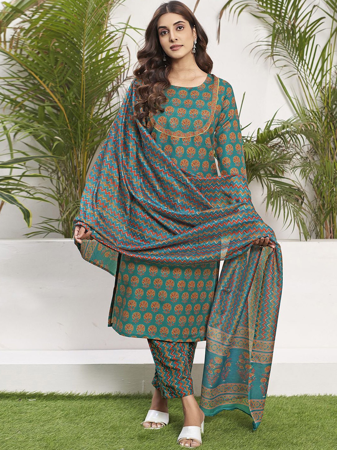 

KALINI Floral Printed Round Neck Gotta Patti Straight Kurta With Trousers & Dupatta, Green
