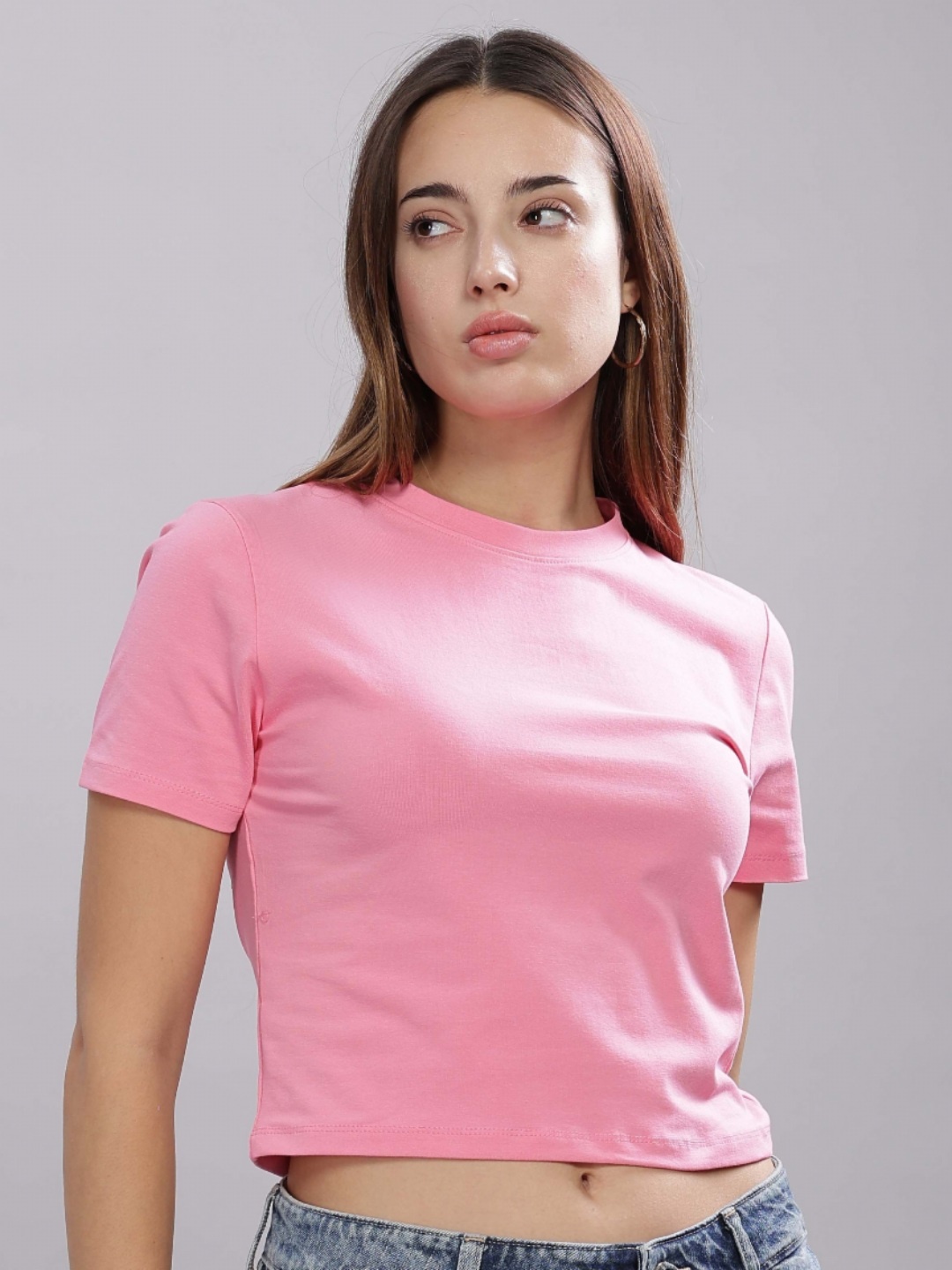 

HEYLAY Women Solid Round Neck Pure Cotton Slim Fit T-shirt, Pink