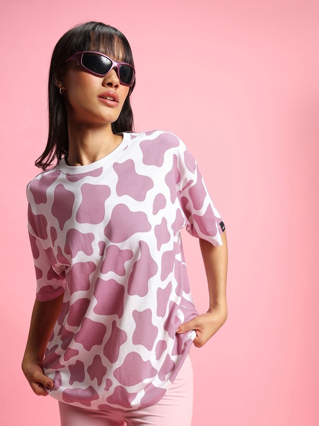 

Bewakoof Plus Women Abstract Printed Round Neck Cotton Oversized T-shirt, White