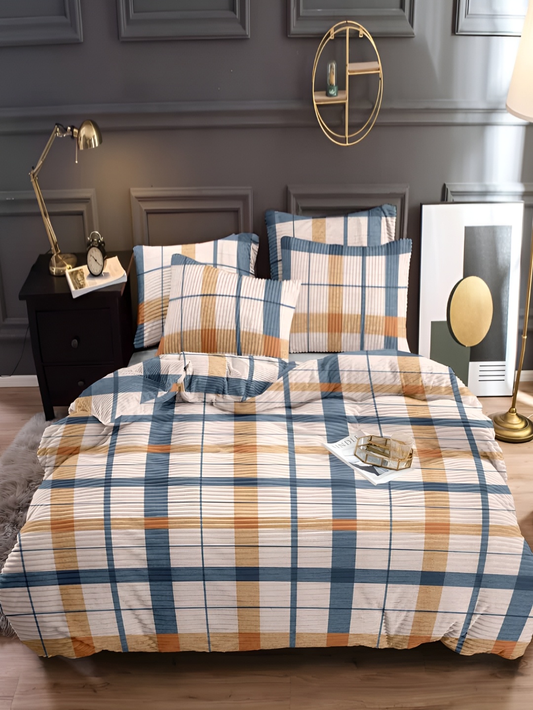 

MORADO Mustard Yellow & Grey Checked Double Queen Duvet Cover