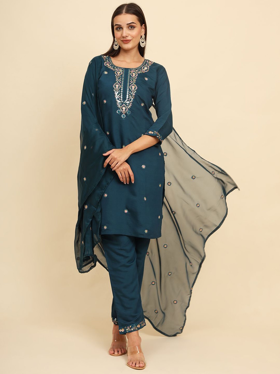 

HERE&NOW Rangrasiya Floral Embroidered Straight Thread Work Kurta with Trouser & Dupatta, Teal