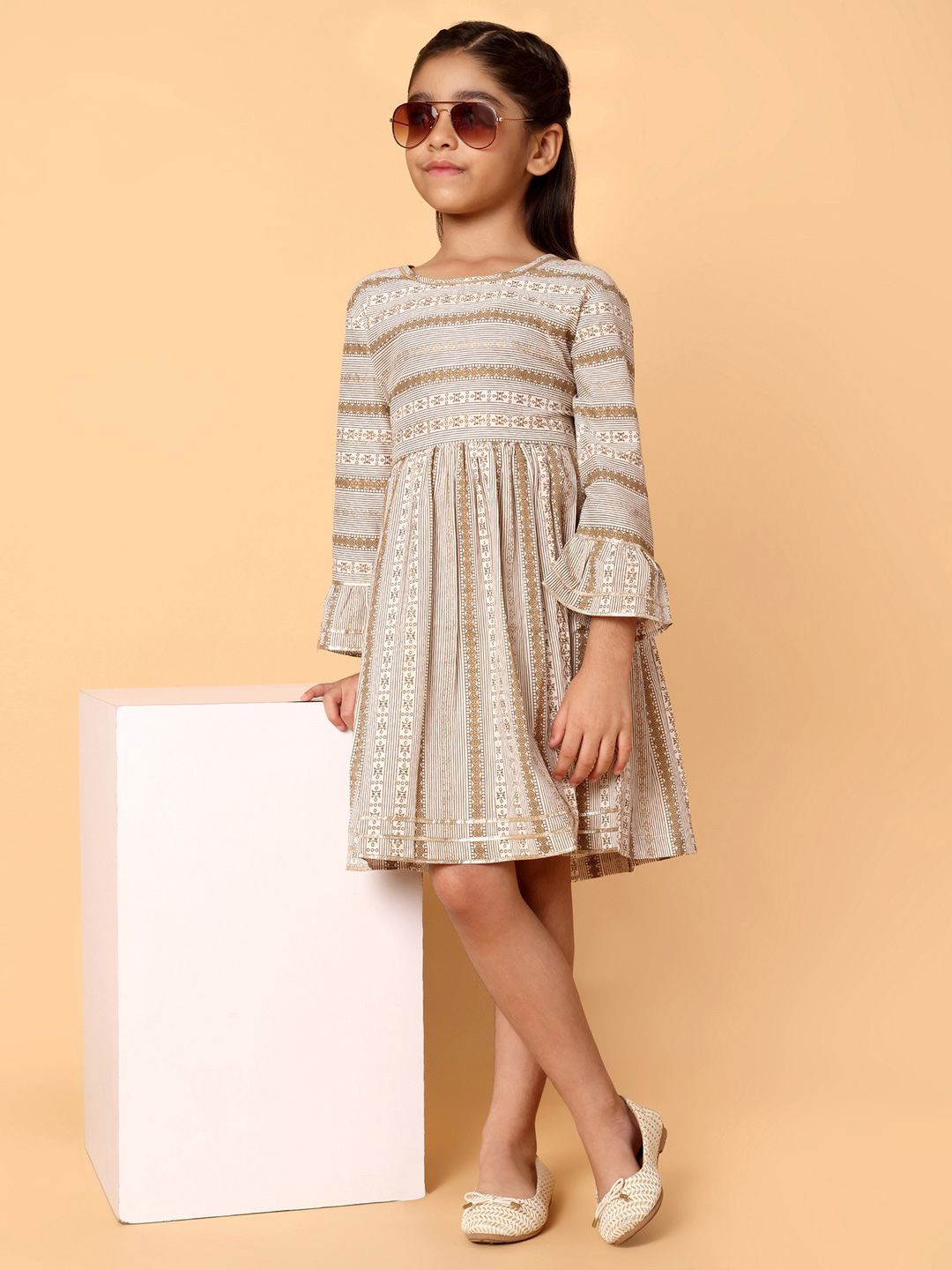 

Indo Era Girls Ethnic Printed Cotton Fit & Flare Dress, Off white