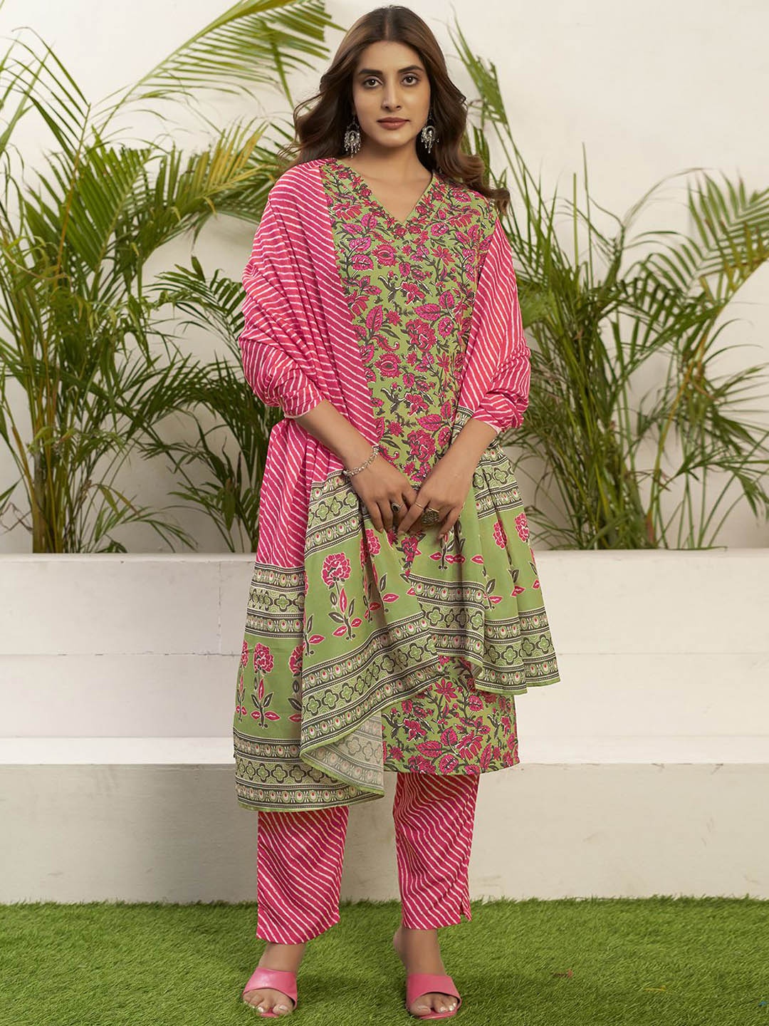 

KALINI Floral Printed V Neck Straight Kurta with Trousers & Dupatta, Green