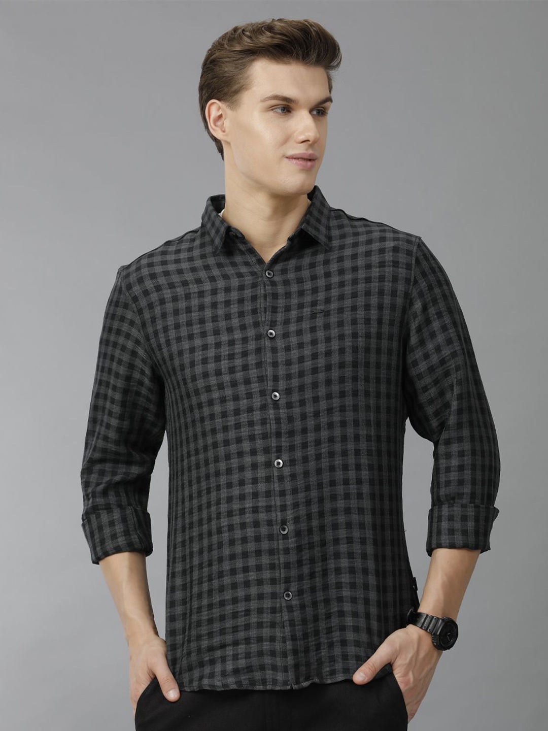

IDENTITI Men Spread Collar Gingham Checked Slim Fit Casual Shirt, Grey