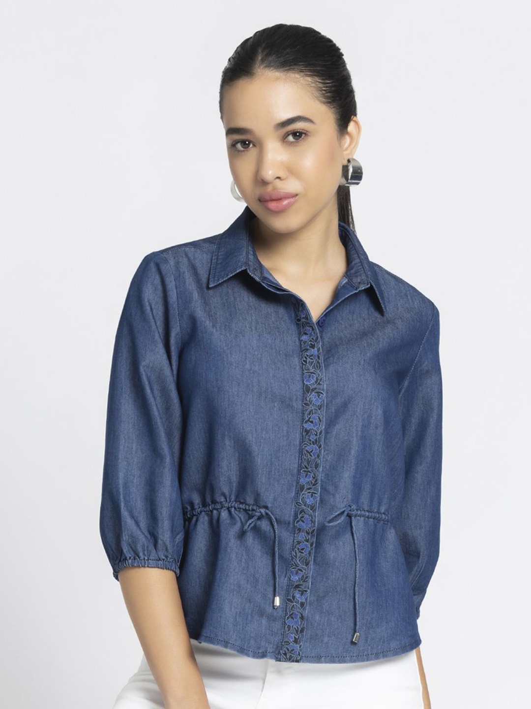 

SHAYE Women Embroidered Shirt Collar Denim Shirt Style Top, Blue