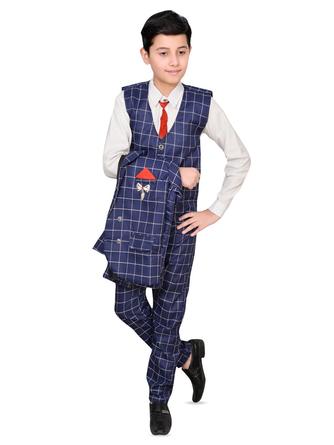 

BAESD Boys Checked Single-Breasted 4-Piece Party Suit, Navy blue