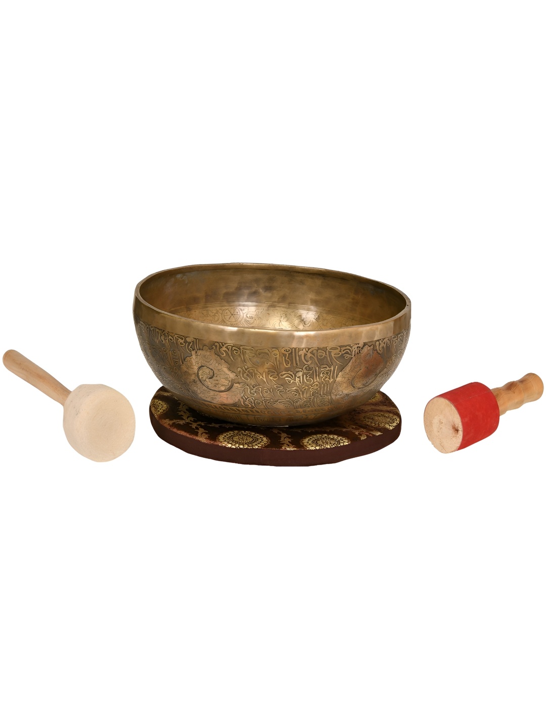 

Exotic India Gold Toned 3 Pieces Tibetan Buddhist Hand Hammered Singing Bowl With Sticks