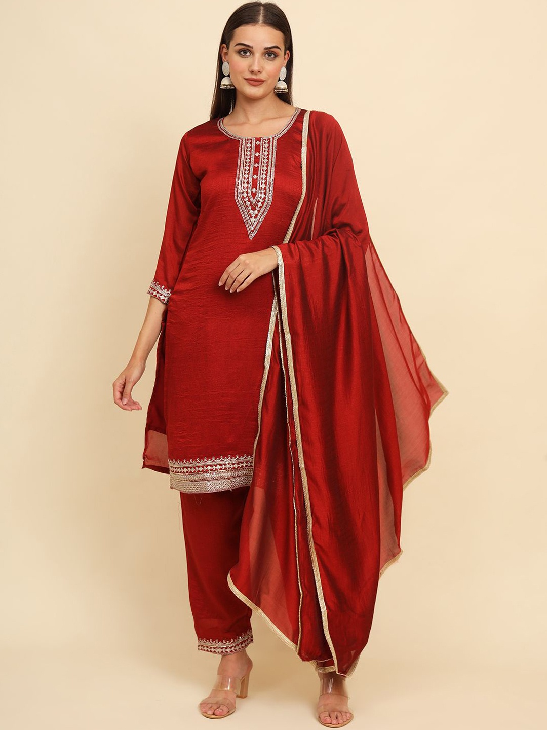 

HERE&NOW Red Floral Embroidered Straight Kurta With Palazzos & Dupatta