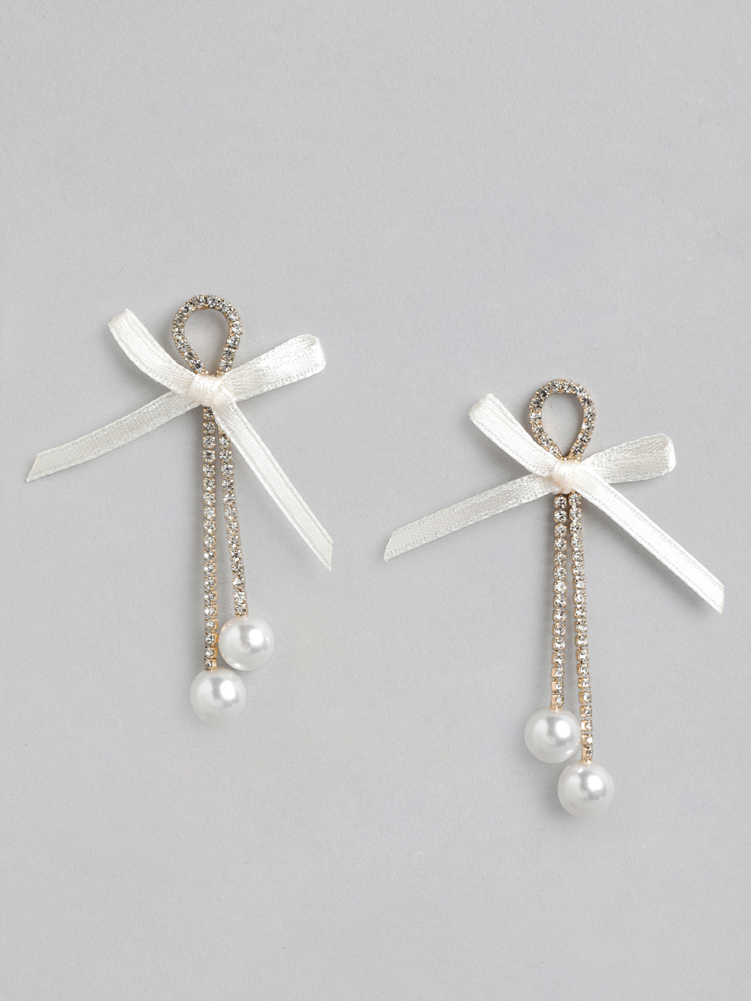 

Forever New Gold-Plated Stone Studded Bow Chain Shaped Drop Earrings, White
