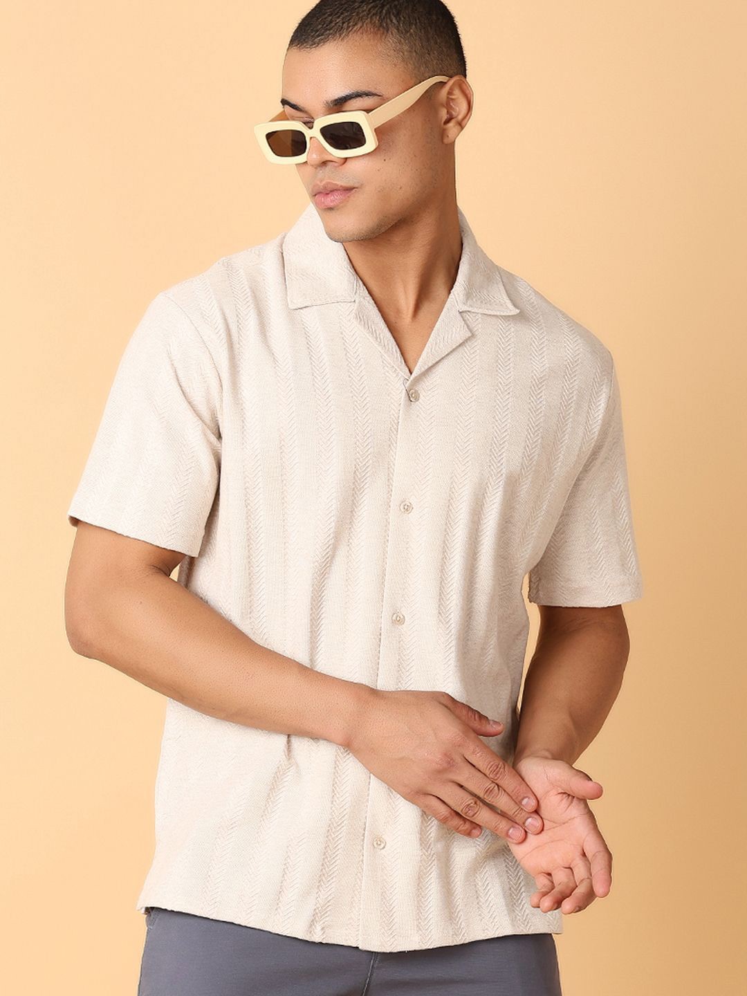

V-Mart Men Cuban Collar Textured Cotton Casual Shirt, Beige
