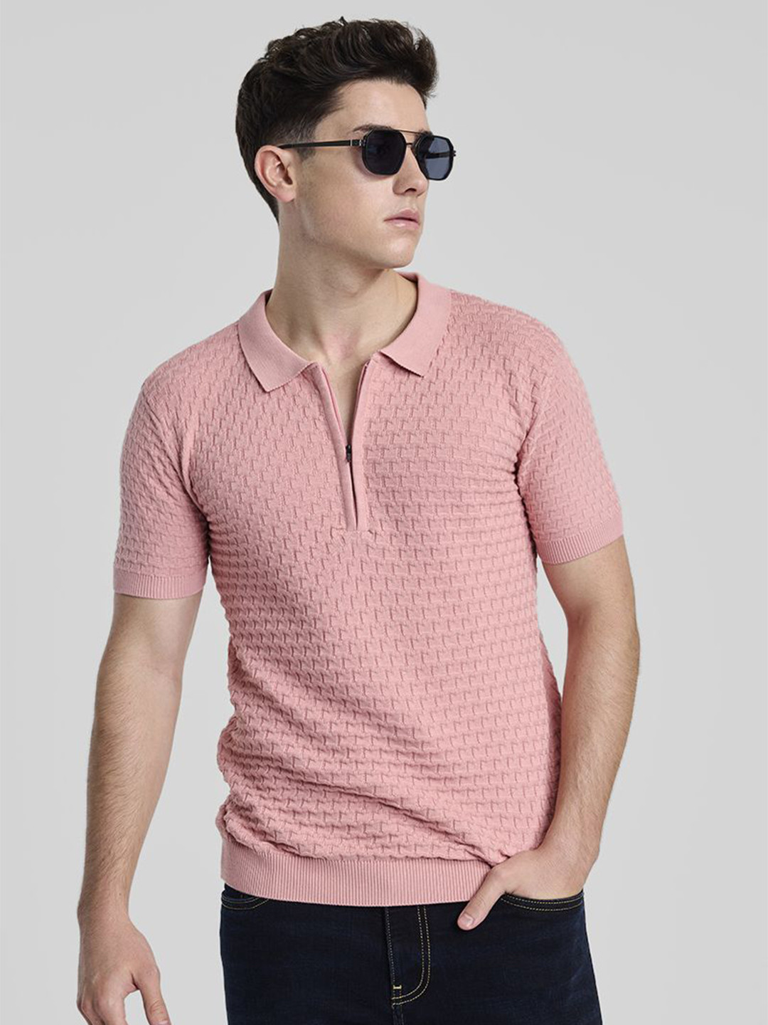 

Snitch Men Self Design Polo Collar Cotton Slim Fit T-shirt, Pink