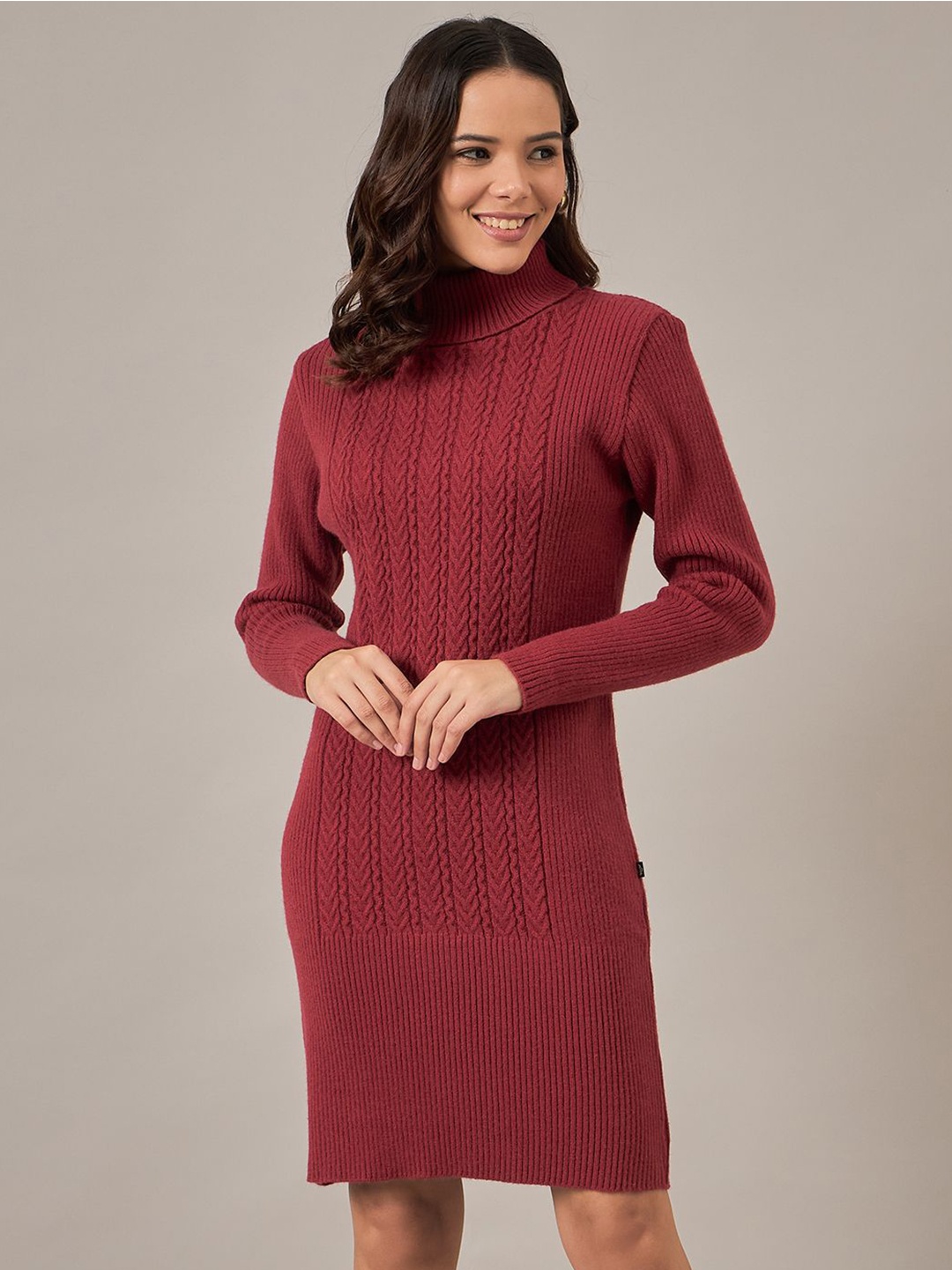 

The Roadster Lifestyle Co Women Woollen Self-Design High Neck Sheath Dresses, Maroon