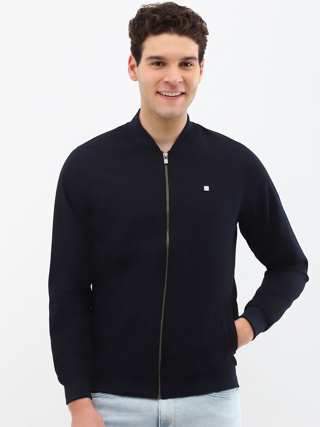 

Allen Solly Men Stand Collar Solid Casual Bomber Jacket, Navy blue
