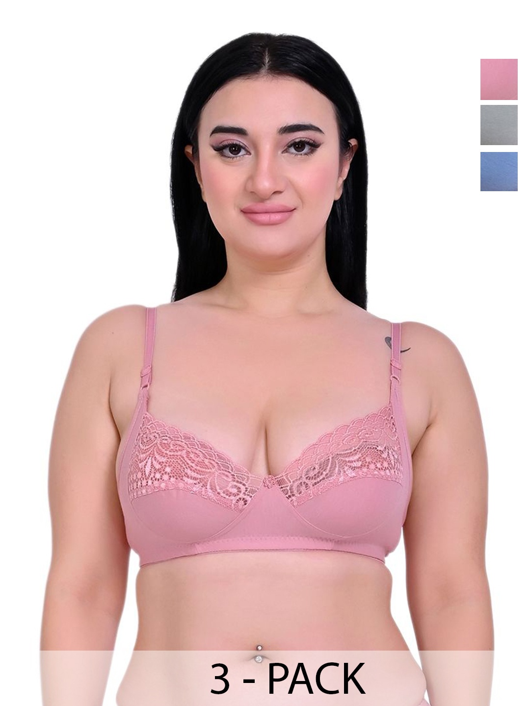 

Piylu Pack of 3 Women Cotton Medium Coverage Casual Lightly Padded Bra, Pink