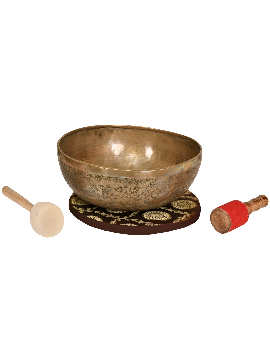 

Exotic India Gold Toned 3 Pieces Tibetan Buddhist Hand Hammered Singing Bowl With Sticks, Brown