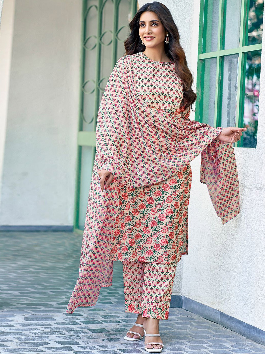 

KALINI Floral Printed Straight Kurta with Trousers & Dupatta, Pink