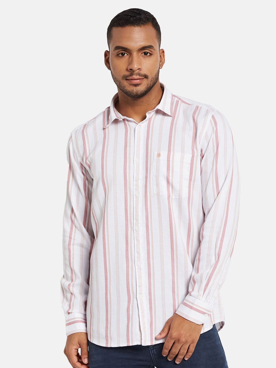 

METTLE Men Spread Collar Vertical Striped Cotton Casual Shirt, White