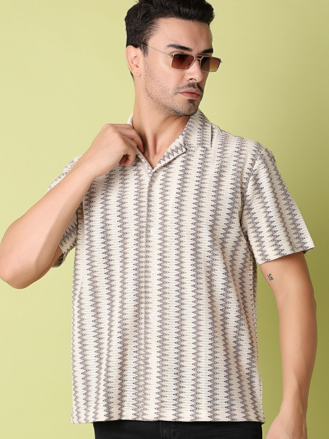 

V-Mart Men Cuban Collar Chevron Printed Cotton Casual Shirt, Off white