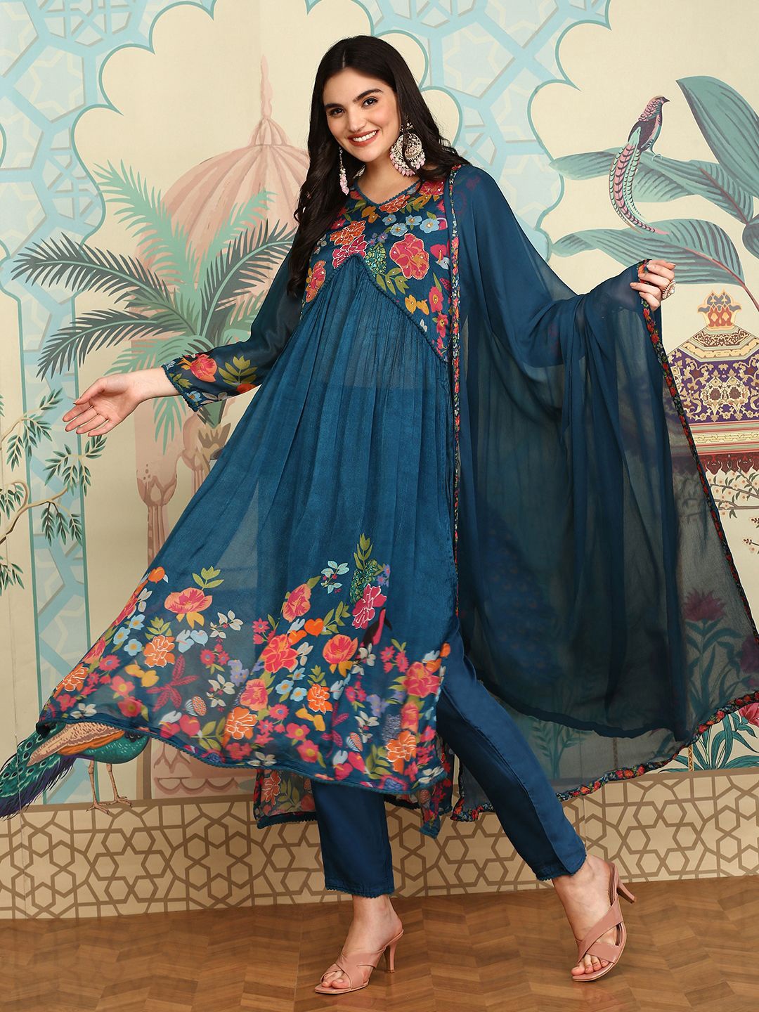 

Ishin Floral Printed V-Neck Empire Kurta with Trousers & Dupatta, Teal